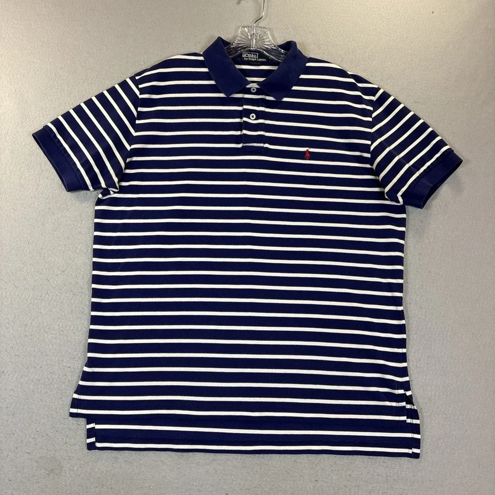 Polo Ralph Lauren Golf Shirt Mens XLarge Blue White Striped‎ Tennis Short Sleeve